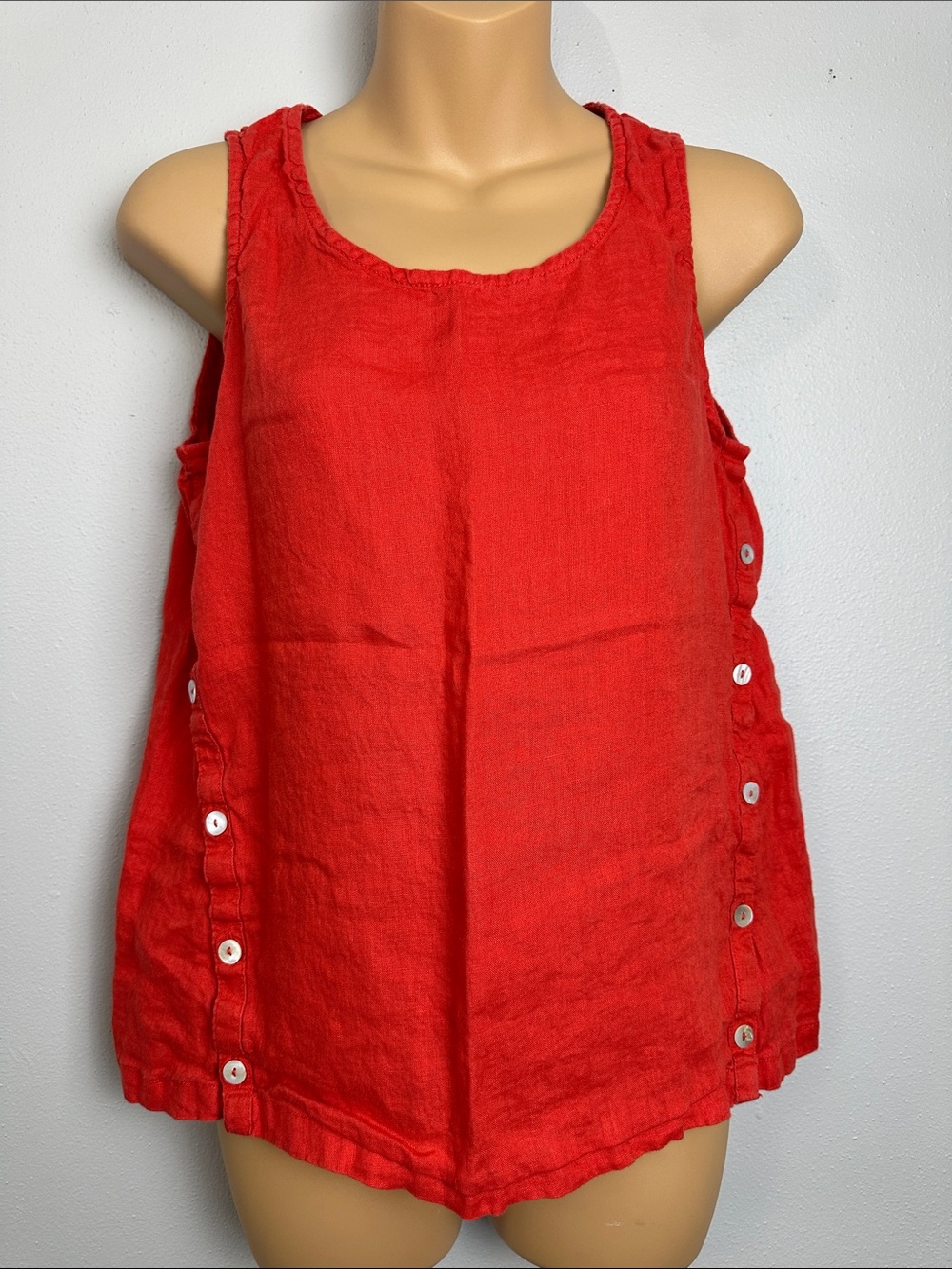 Vibrant Burnt Orange Linen Tank, Button-Side Accent Vacation Ready, Boho